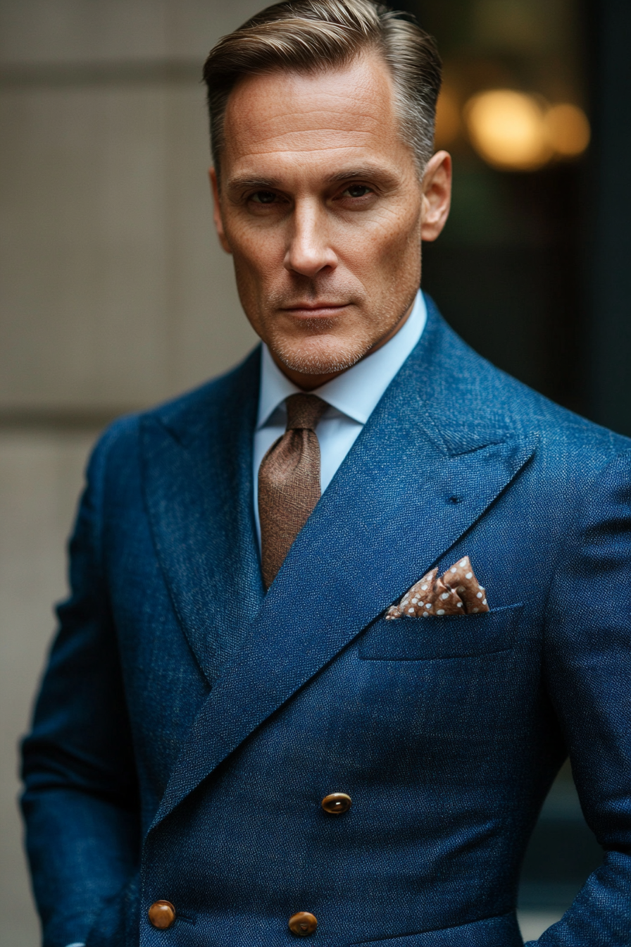 Men's classic style. Blue tailored suit with subtle pocket square and faded side parted haircut.