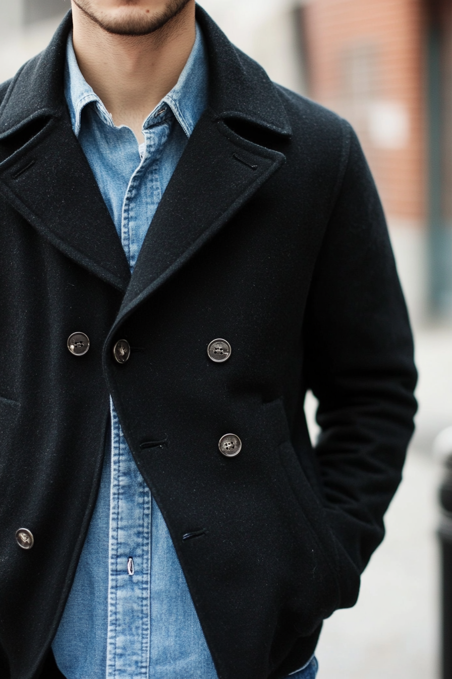 Men's Modern Style. Black wool peacoat layered over light-blue denim shirt.