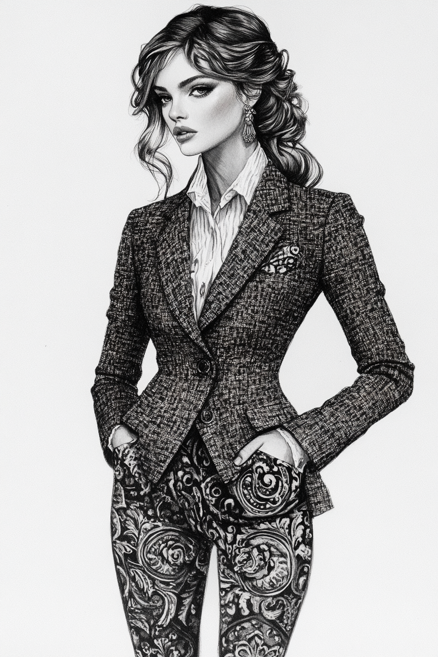 Classic women's style. Tweed blazer paired with modern patterned leggings.