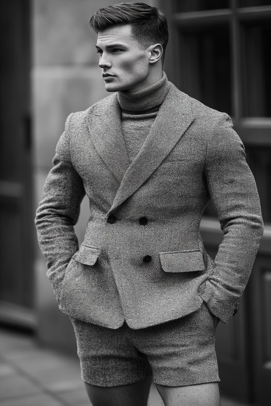 Men's modern style. Herringbone blazer layered over a cashmere turtleneck with shorts and disconnected fade.