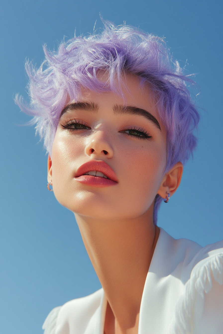 Women's short hairstyle. Lilac tinted pixie cut with fluffy crown and tapering sides.