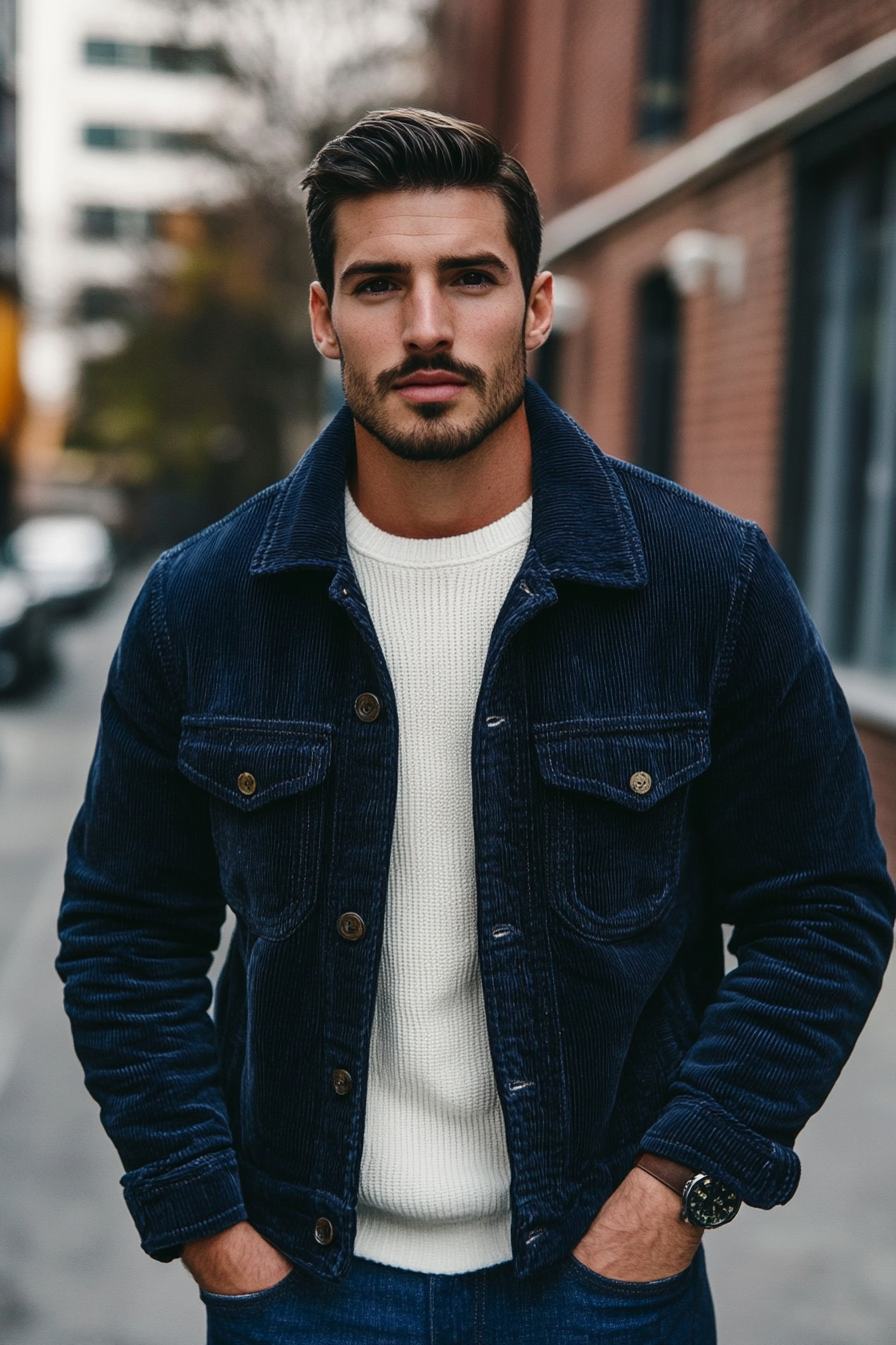 Men's seasonal style. Navy corduroy jacket with white crew neck.