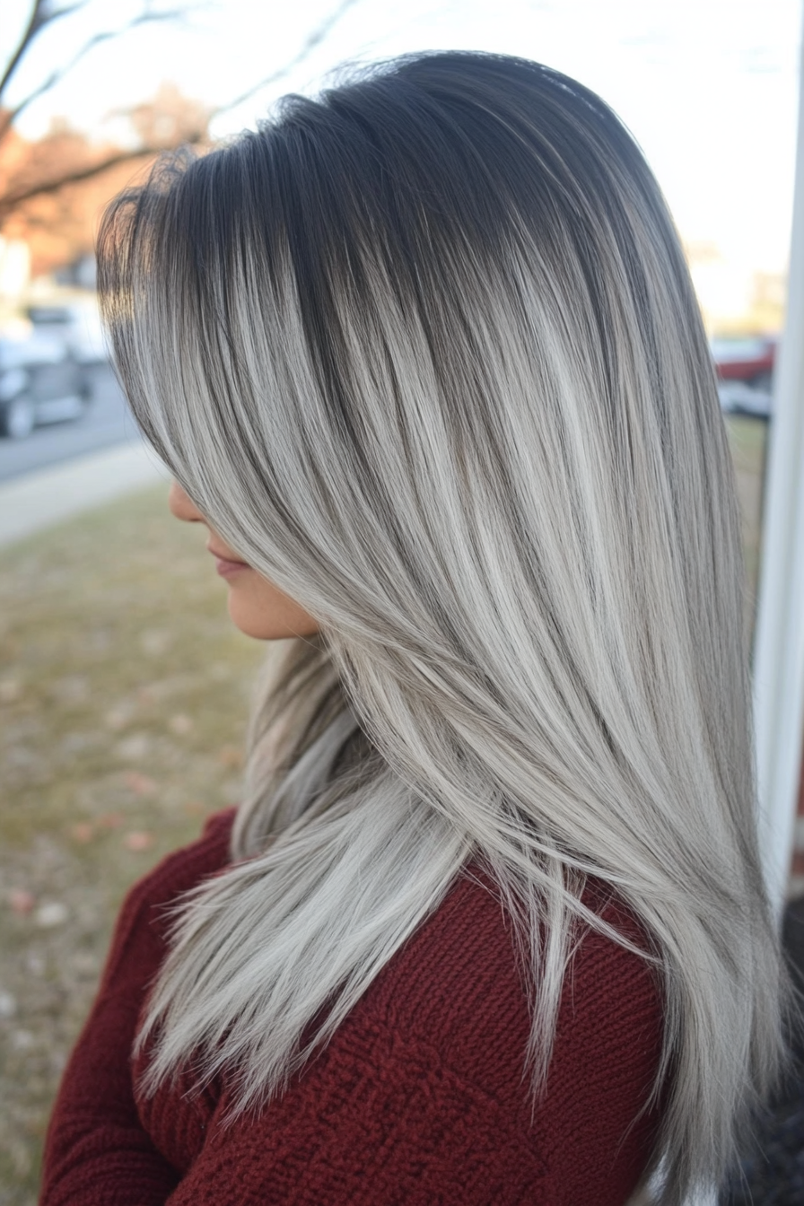 Women's Hair Color. Dark roots with silver-gray highlights and regular touch-ups.