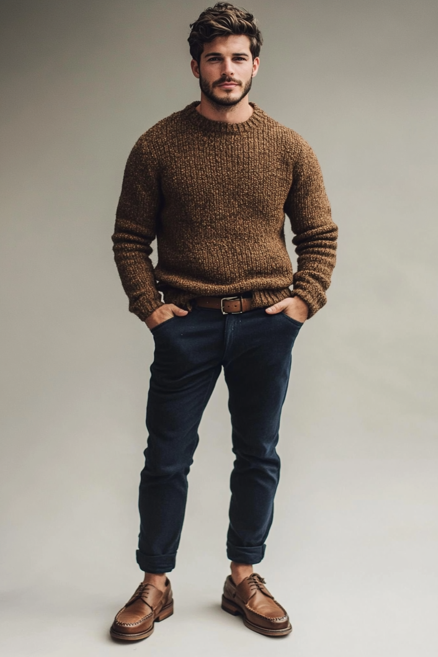 Seasonal men's style. Textured wool jumper, navy chinos, clean brown leather loafers.