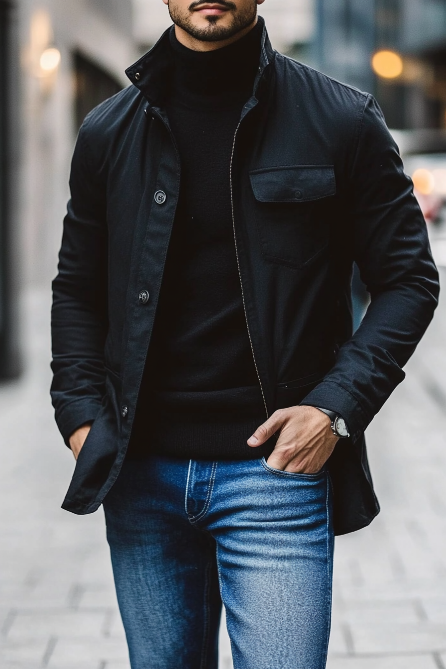 Men's modern style. Black cotton jacket, layered over neutral turtleneck, with cuffed blue jeans.