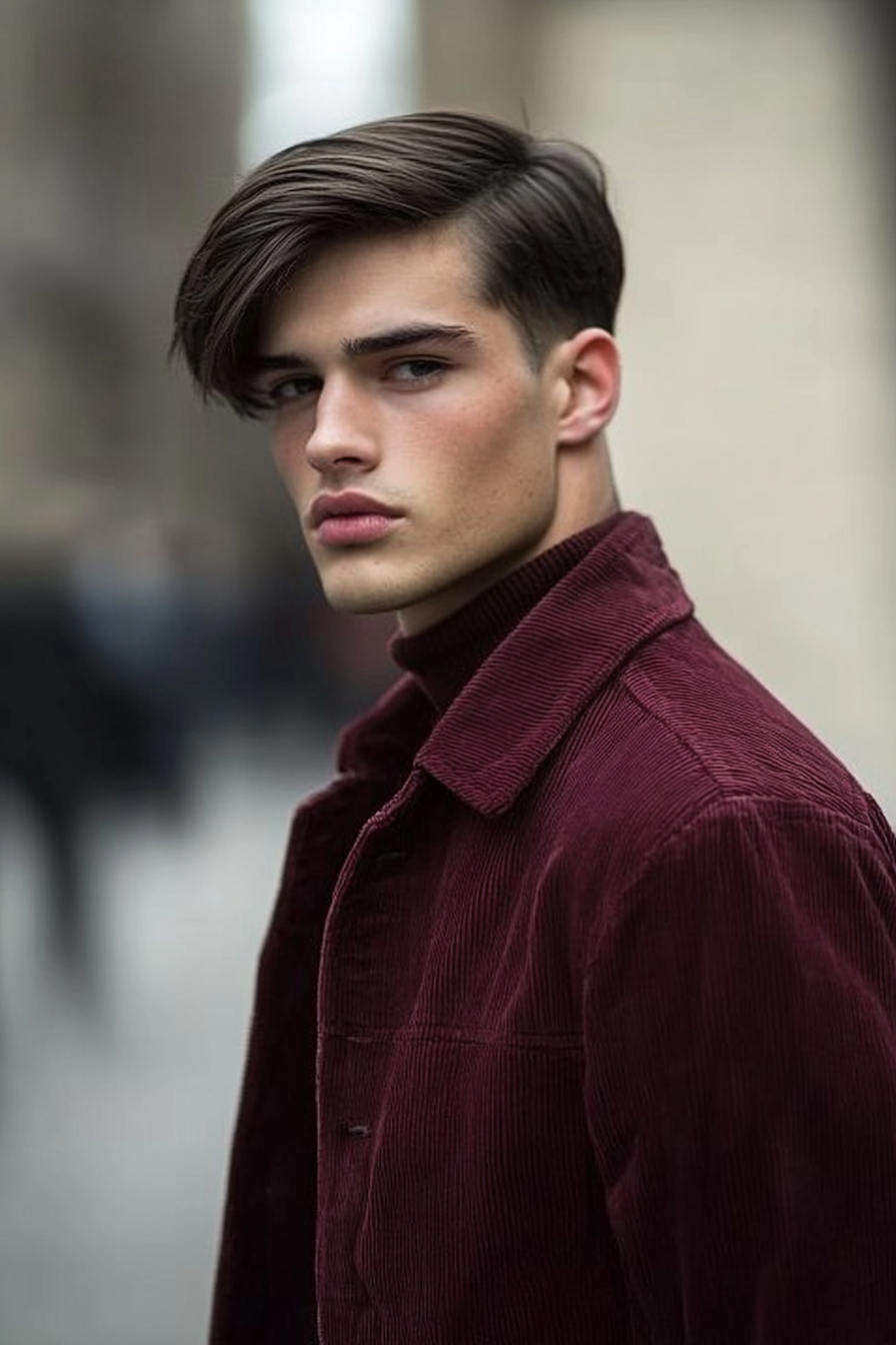 Men's seasonal style. Maroon corduroy jacket, shaved sides hairstyle.