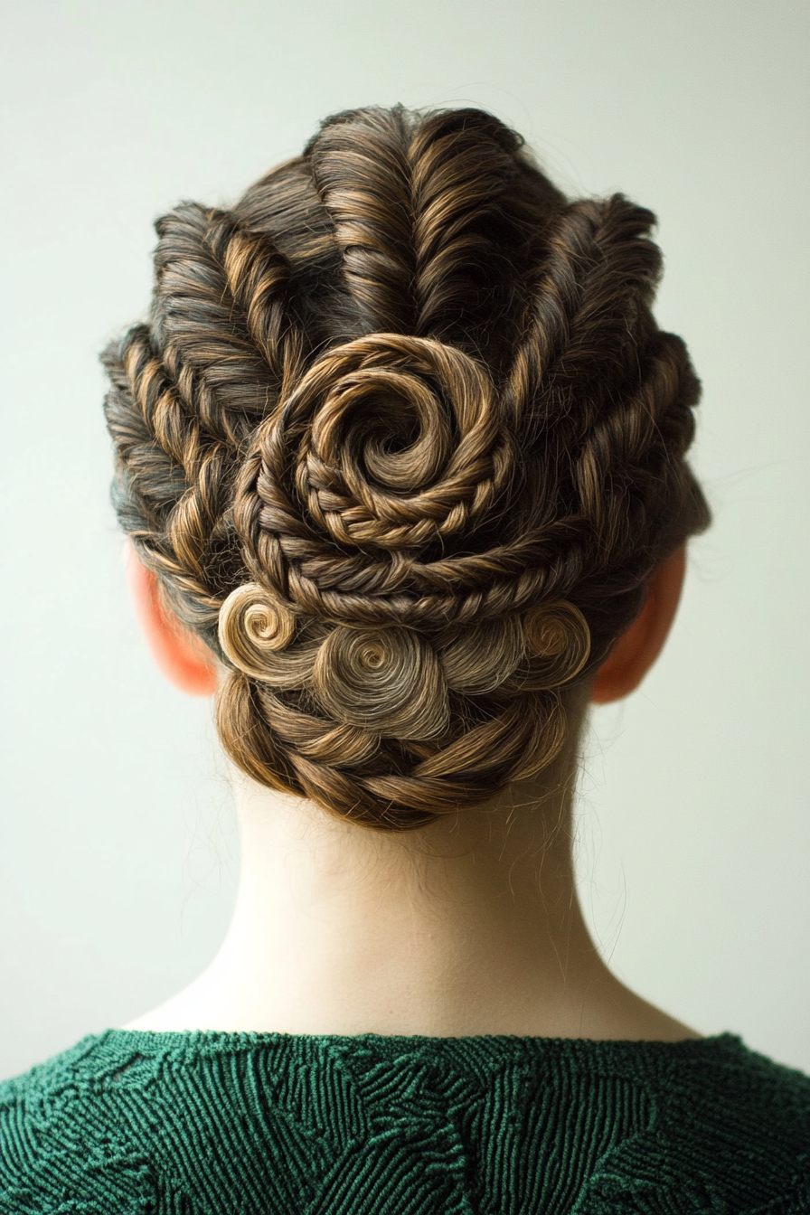 Braided hairstyle. French braids entangled in circular patterns showcasing a healthy scalp.