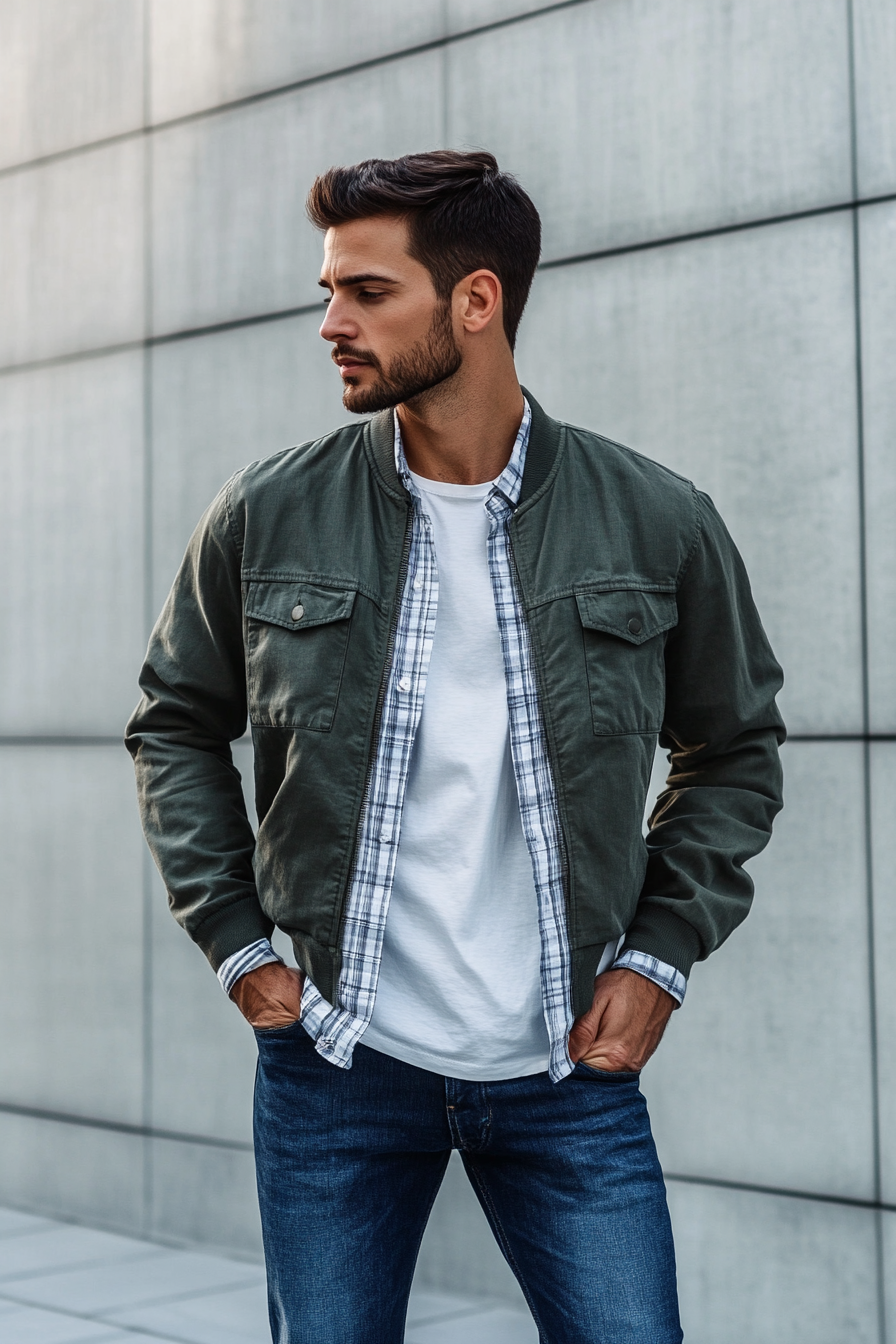 Modern style men's outfit. Layered bomber jacket over casual shirt, tapered jeans.