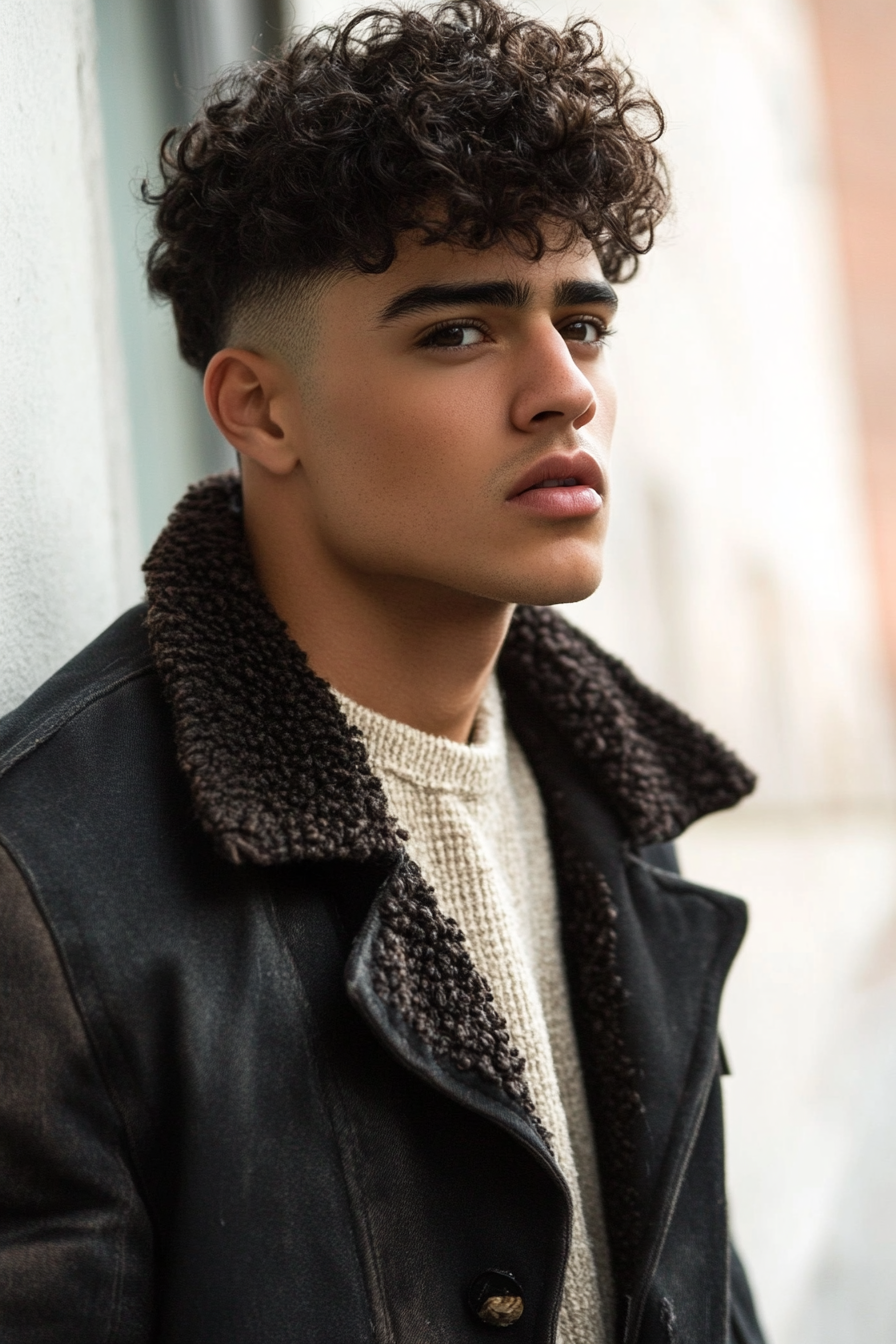 Men's texture style. Dark brown defined curls with low skin fade.