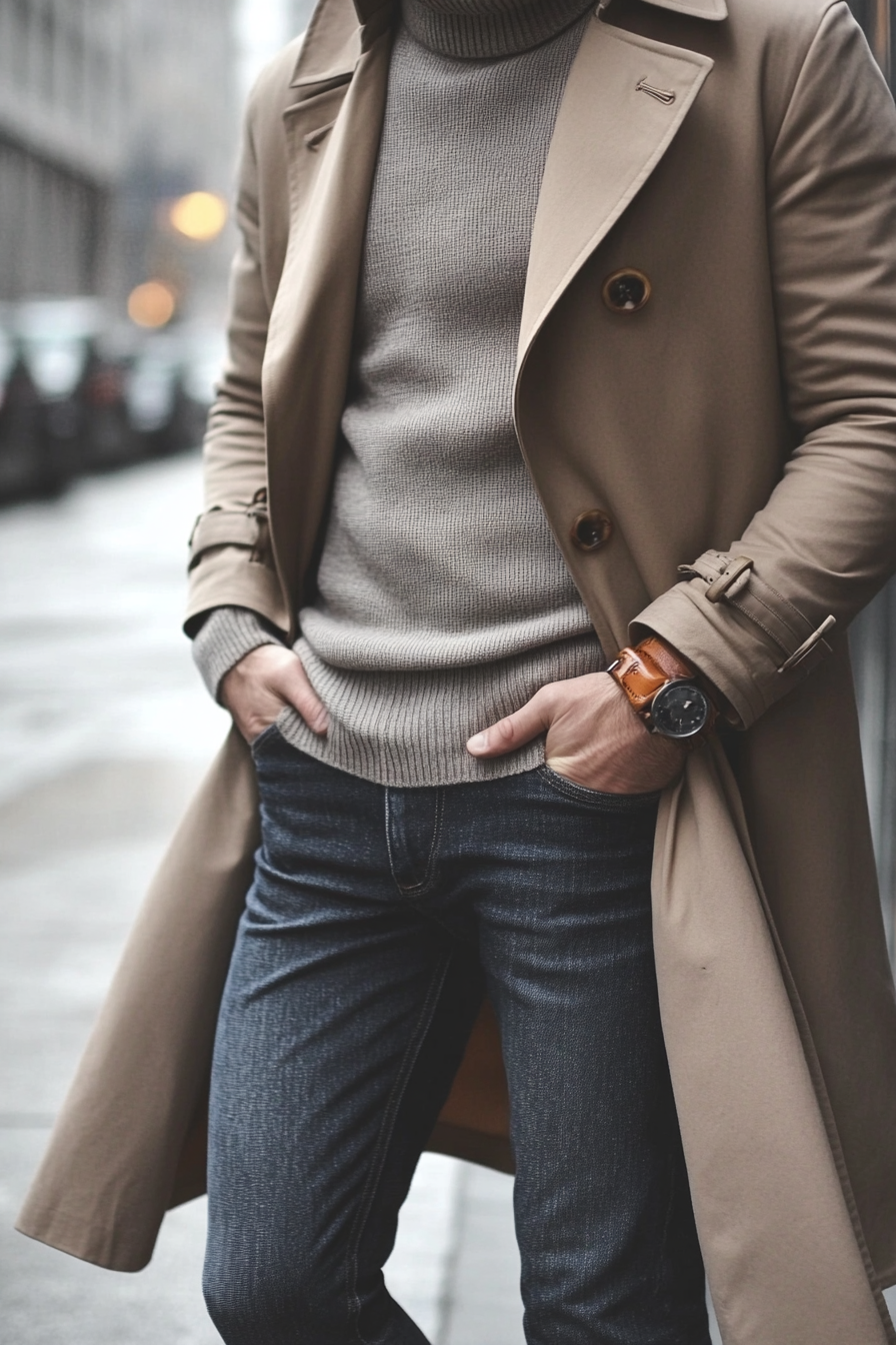 Modern men's style. Grey turtleneck, layered with beige trench coat, raw denim and brown boots.