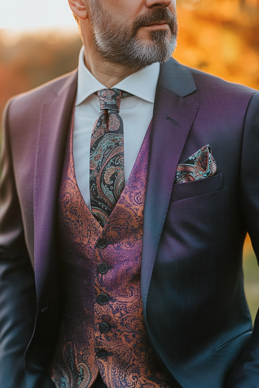 Men's classic style. Gradient color suit with paisley tie.