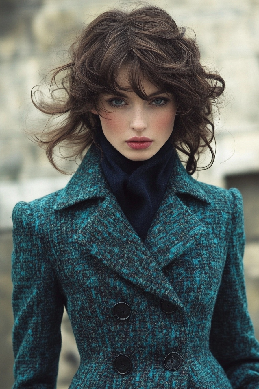 Classic style for women. Teal tweed coat with face-framing layers.