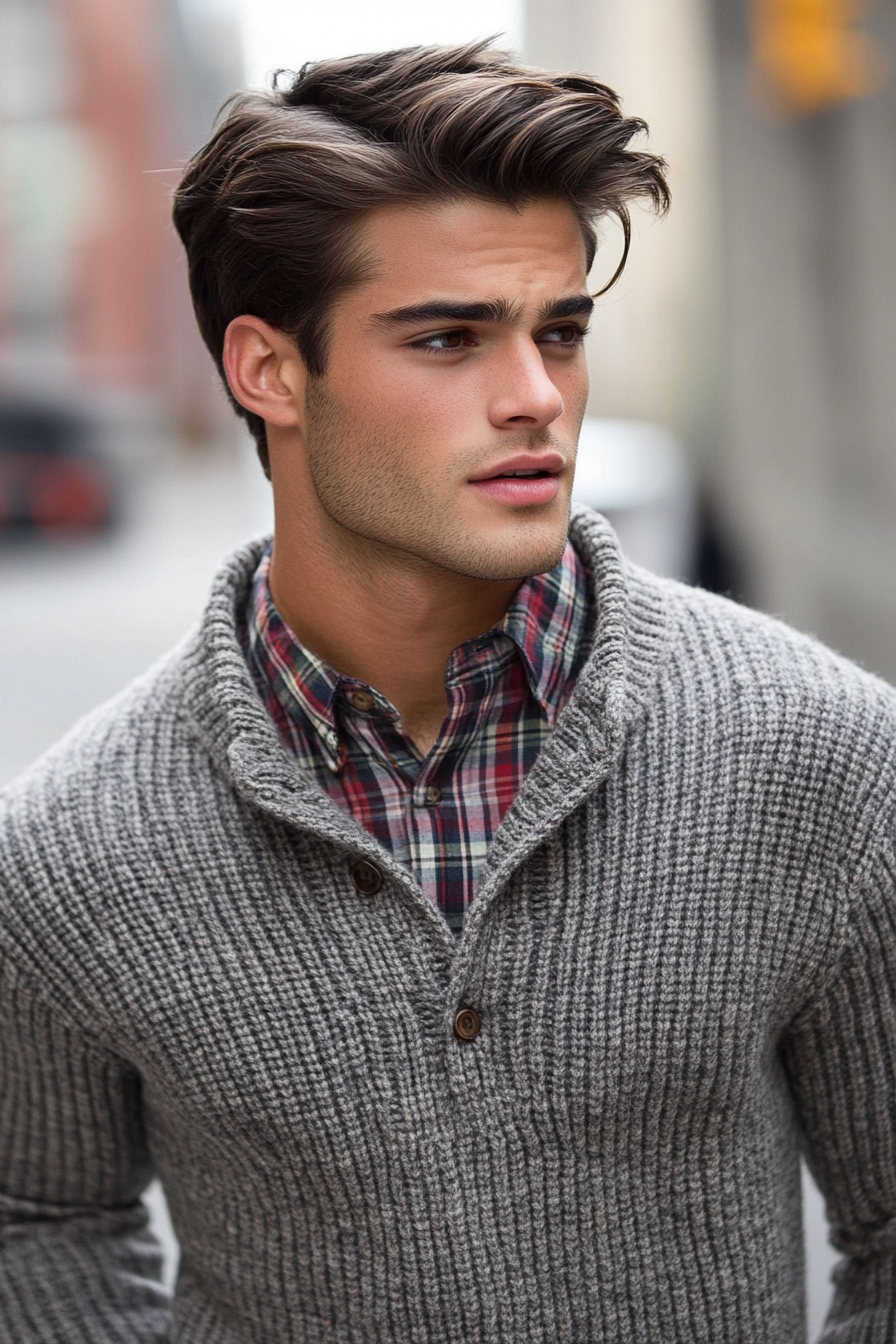 Modern men's style. Ribbed sweater over a plaid button-down shirt. Disconnected undercut.