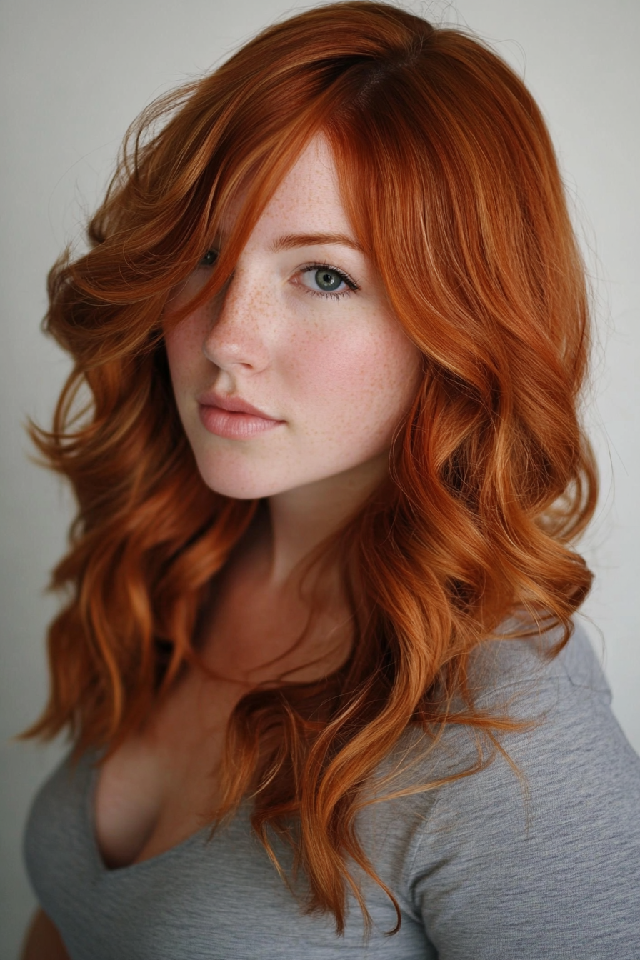 Women's Hair Color. Copper red with gold highlights.