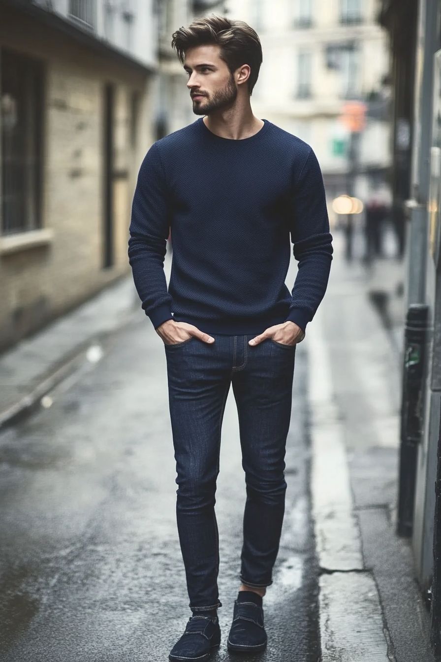 Contemporary men's style. Navy sweatshirt with textured top, side-blended dark blue skinny jeans.