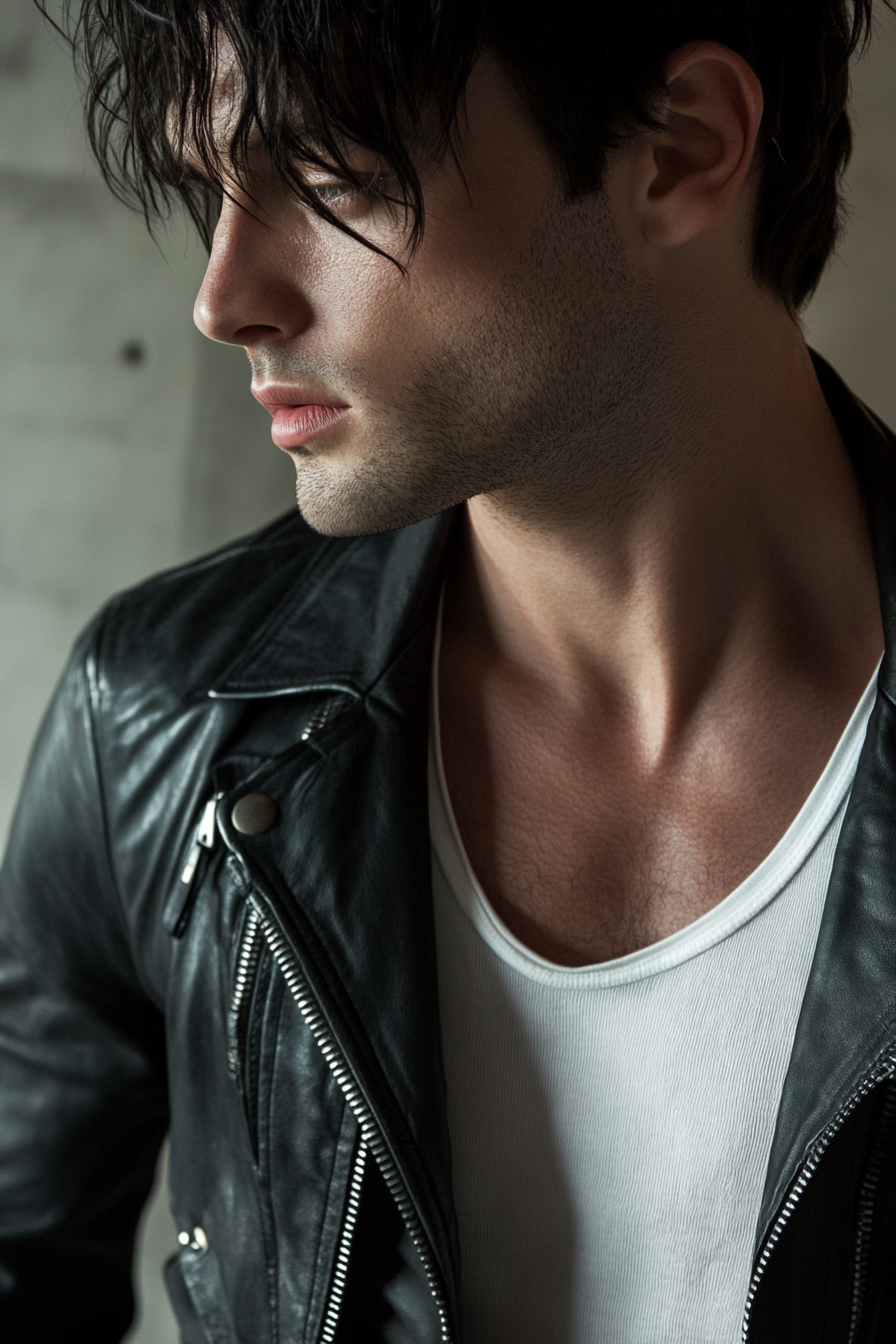 Edgy men's style. Black leather jacket with white undershirt.