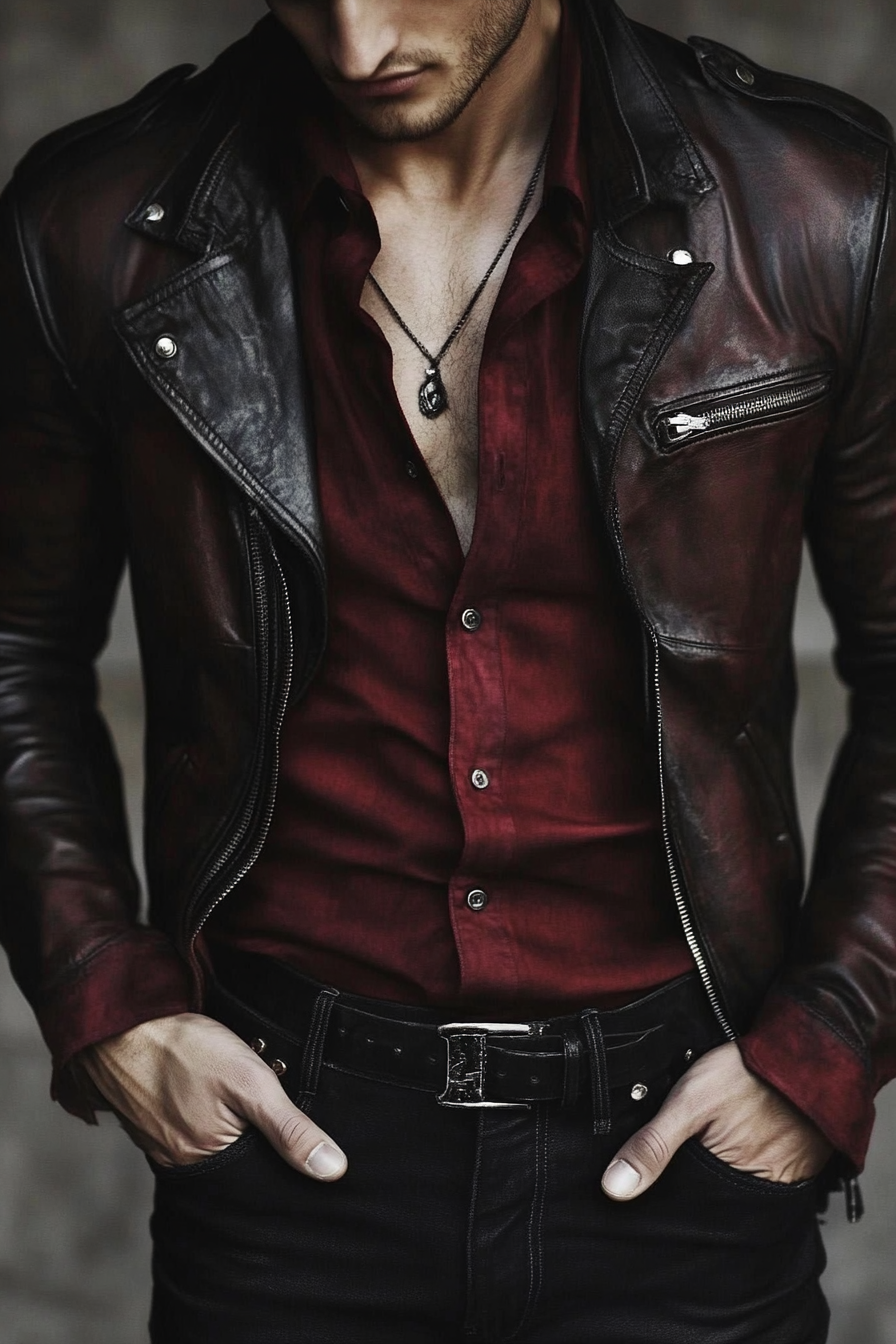 Edgy men's style. Leather jacket, deep red shirt, black skinny jeans.