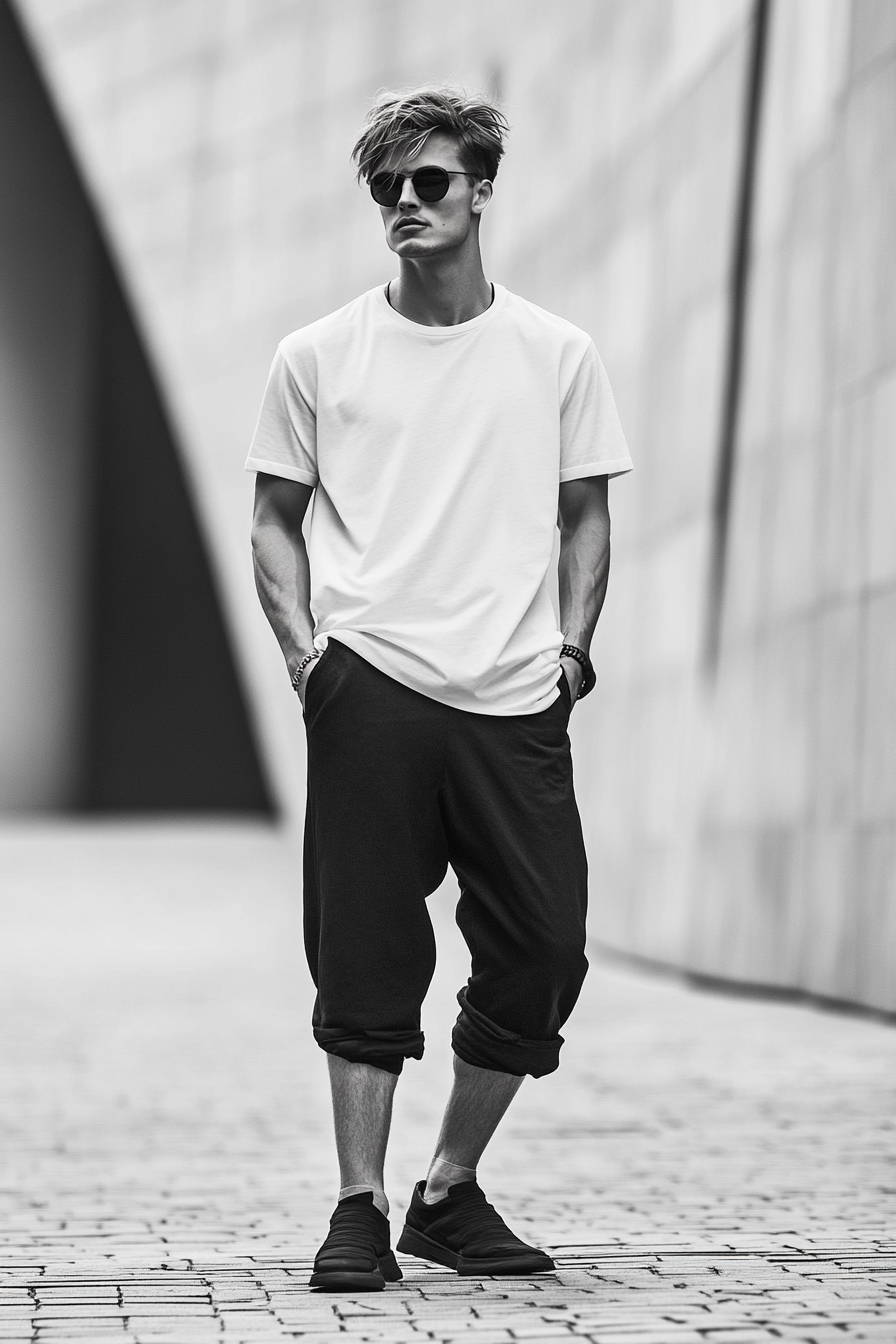 Men's Modern Style. Stacked crew-neck tees with cropped side disconnect trousers.