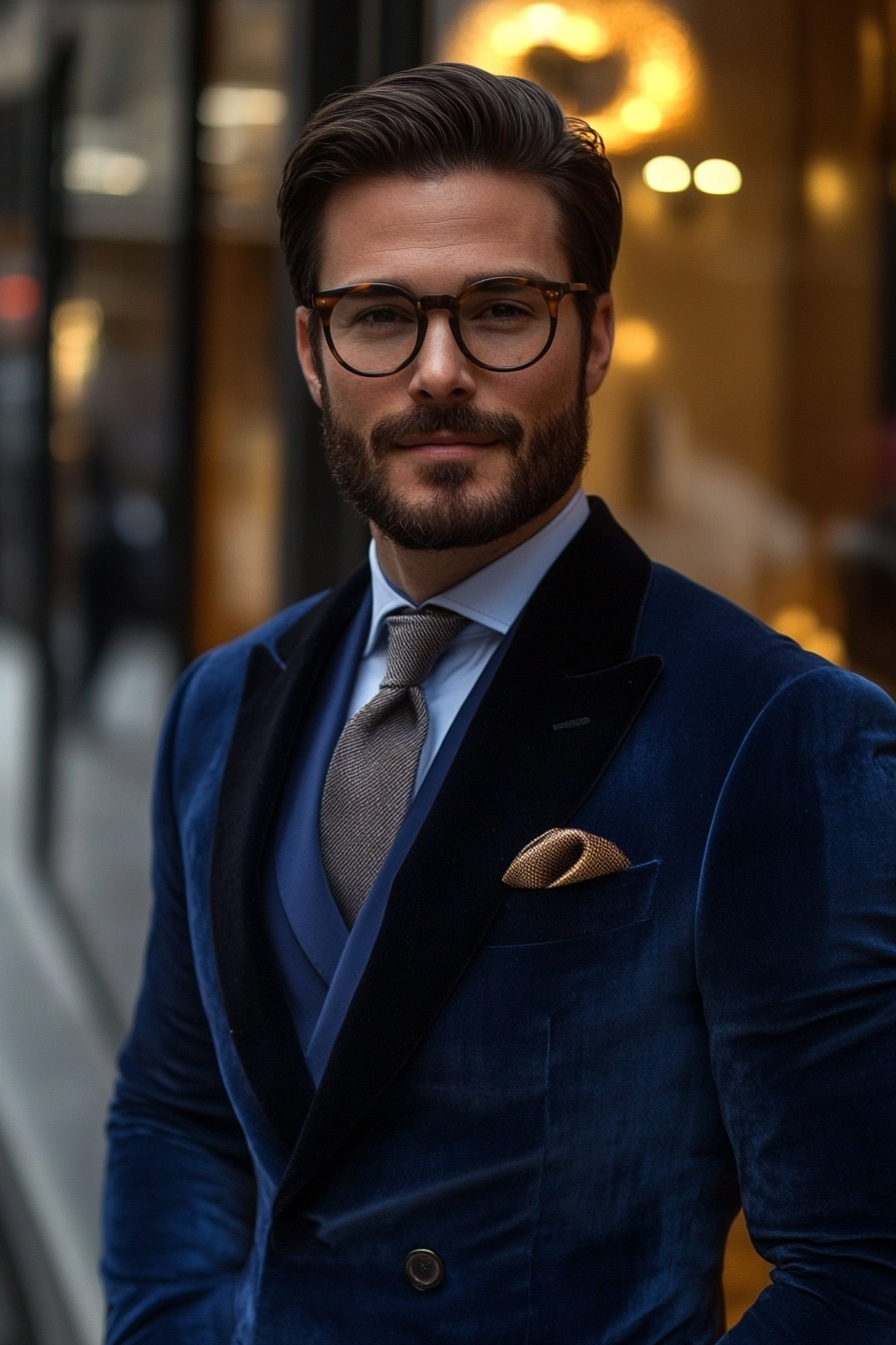 Men's classic style. Dark blue suit with velvet lapels and gradient necktie.