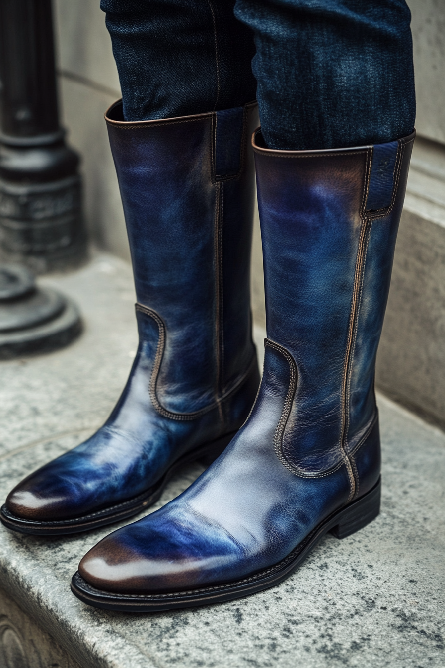 Men's Style: Tall leather boots with integrated tapering and deep indigo fading.