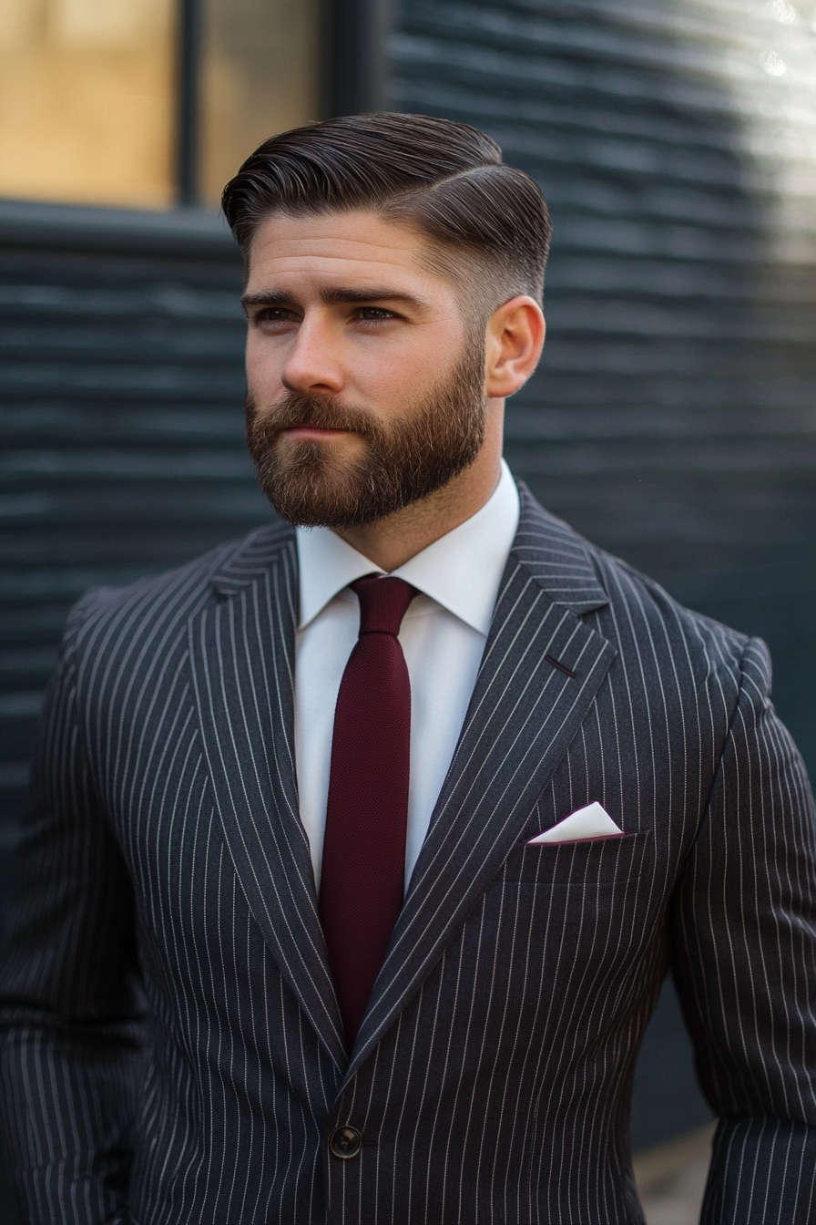 Men's Classic Style. Charcoal pinstripe suit with a skinny burgundy tie. Precise fade undercut.