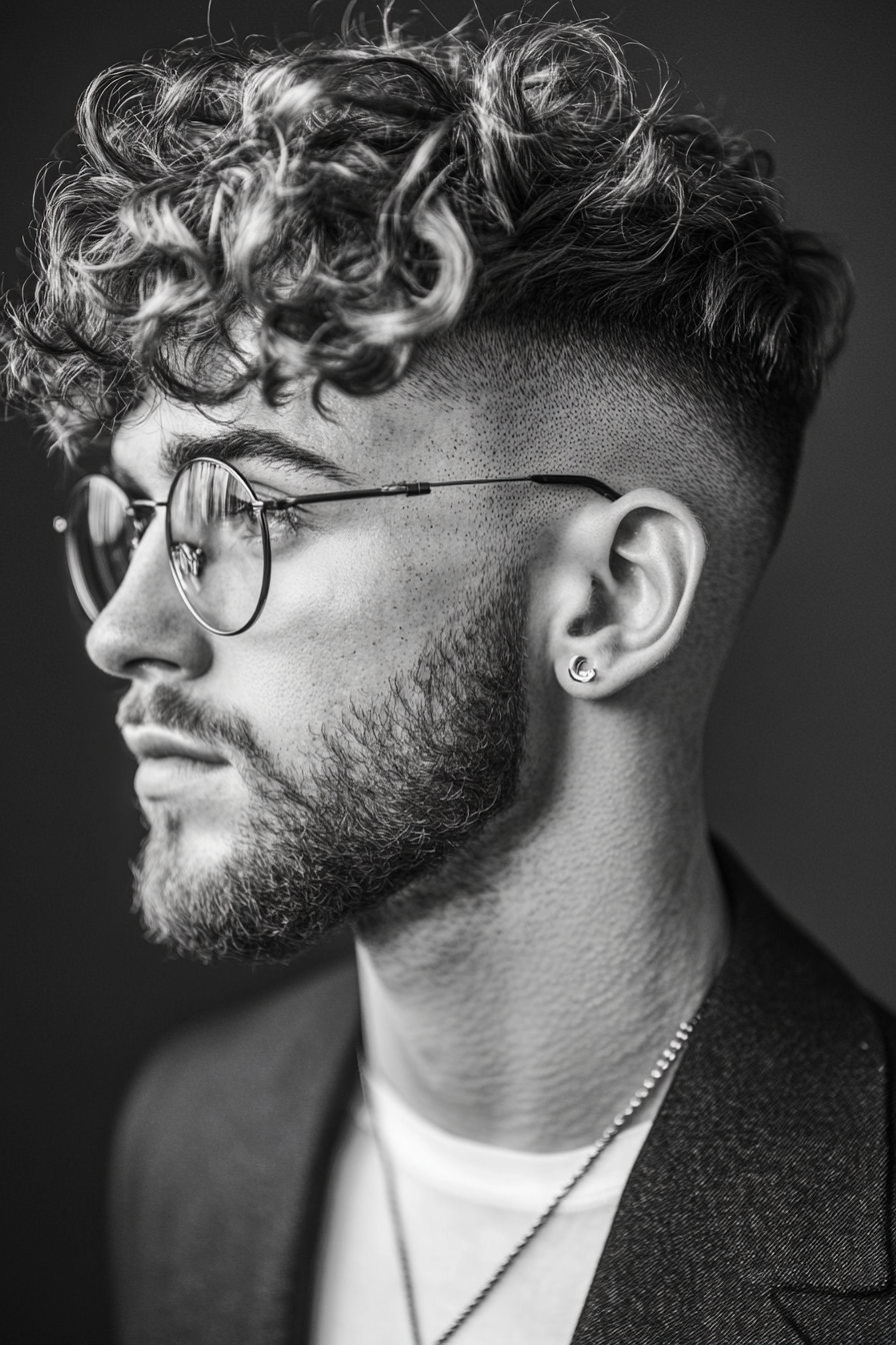 Men's texture style. High fade with curly top.