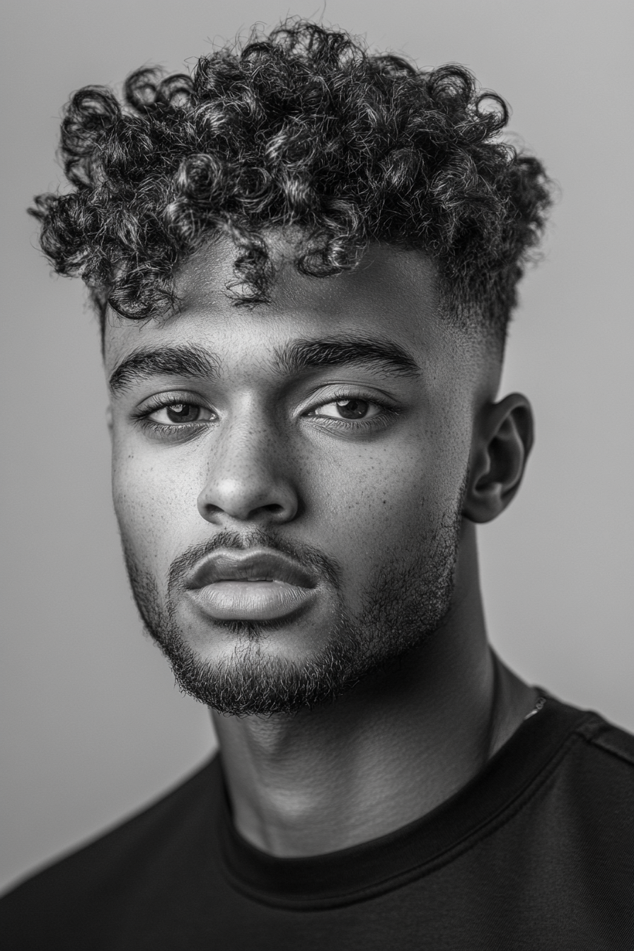 Men's hairstyle. Textured curls with high skin fade.