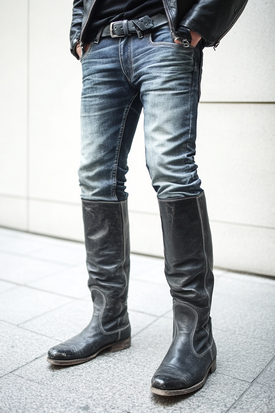 Men's statement style. Tall leather boots with faded denim jeans.