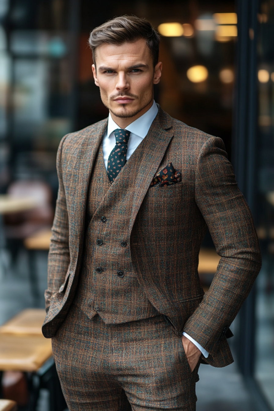 Men's classic style. Gradient toned three-piece suit with intricate pocket square.