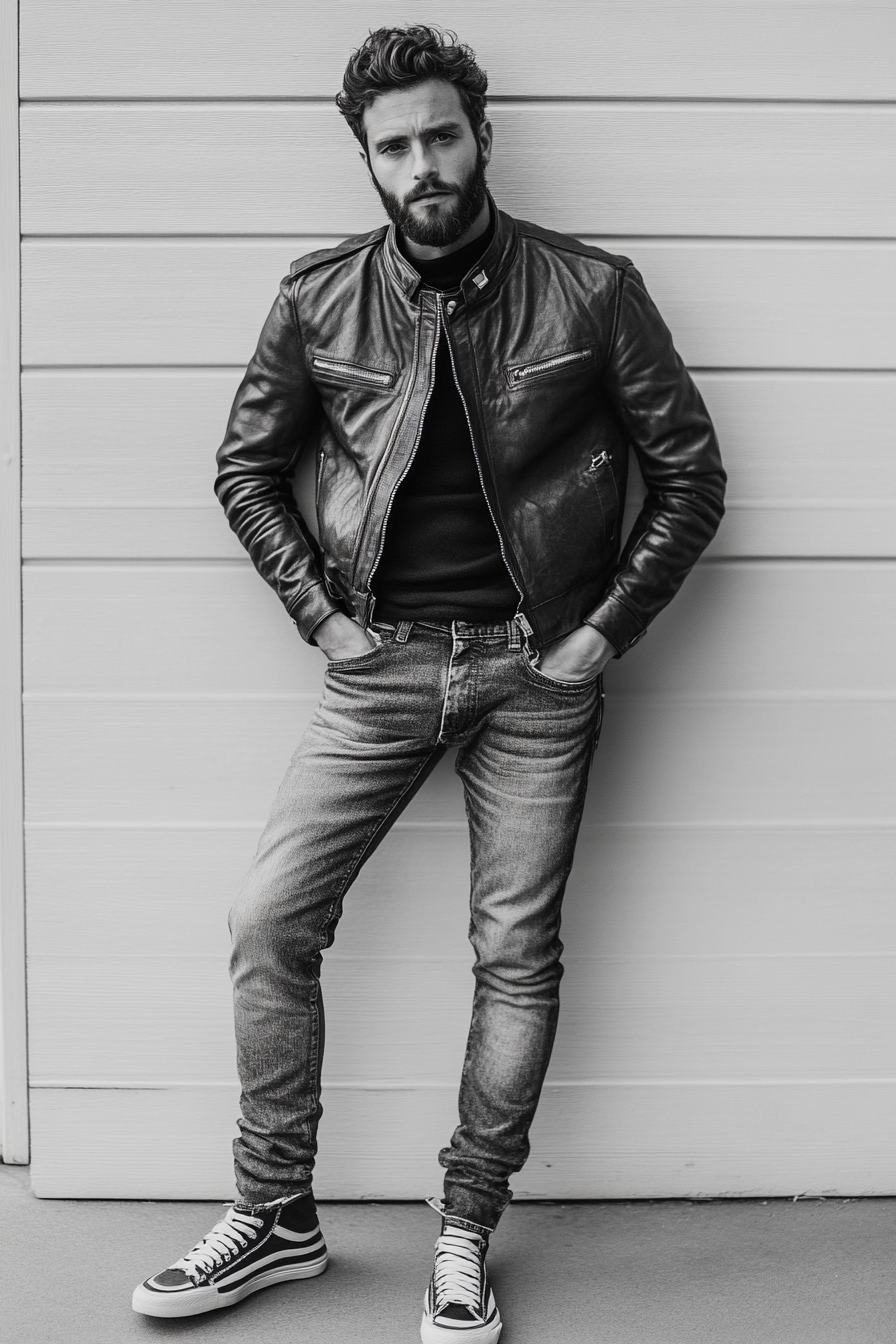 Edgy men's style. Leather jacket, high collar, faded jeans, contrast side-striped sneakers.