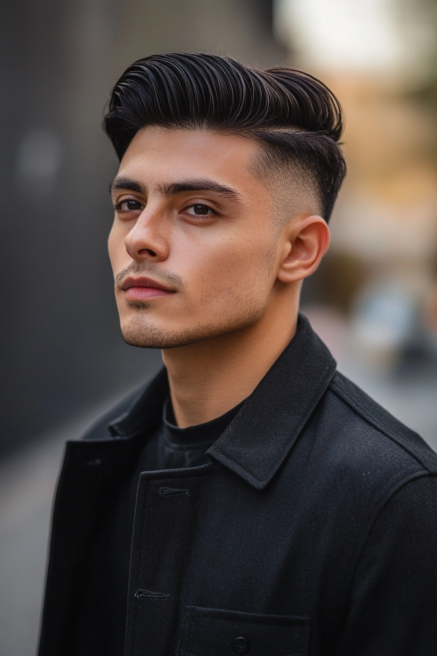 Men's statement style. High fade haircut with a structured slick back.