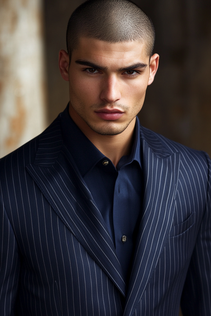 Men's classic style. Navy blue suit with thin pinstripes, precise faded buzz cut.