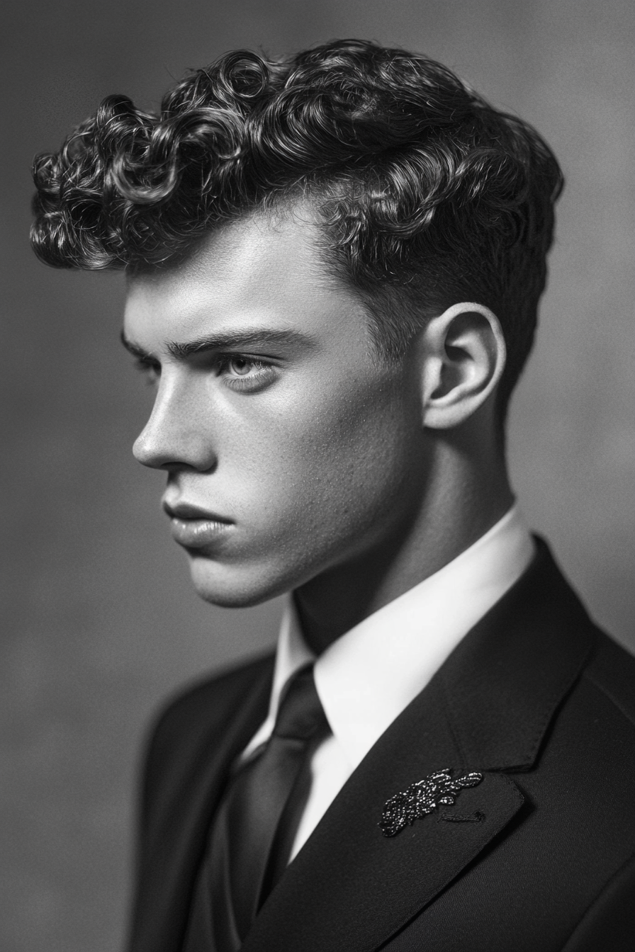 Curly men's style. Side-part pomp with curl-defining cream.