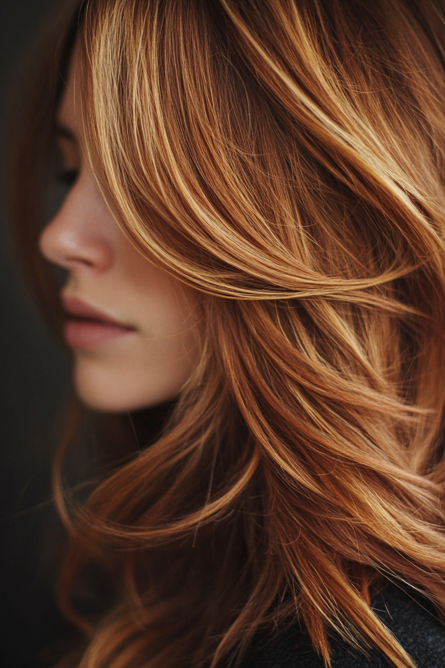 Women's hair color. Chestnut brown with honey blonde highlights.