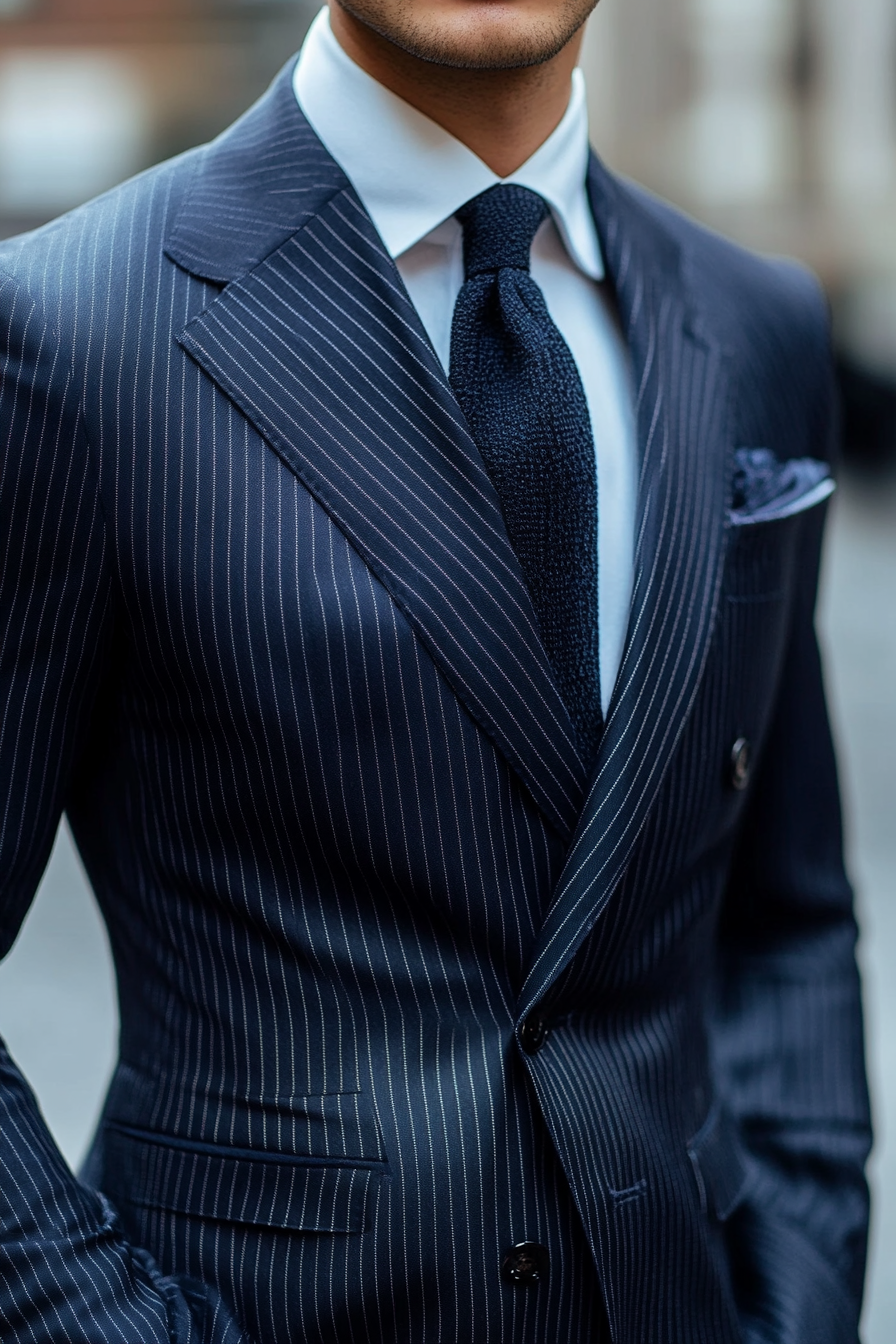 Men's short style. Navy tapered suit with distinctive gradient lines.