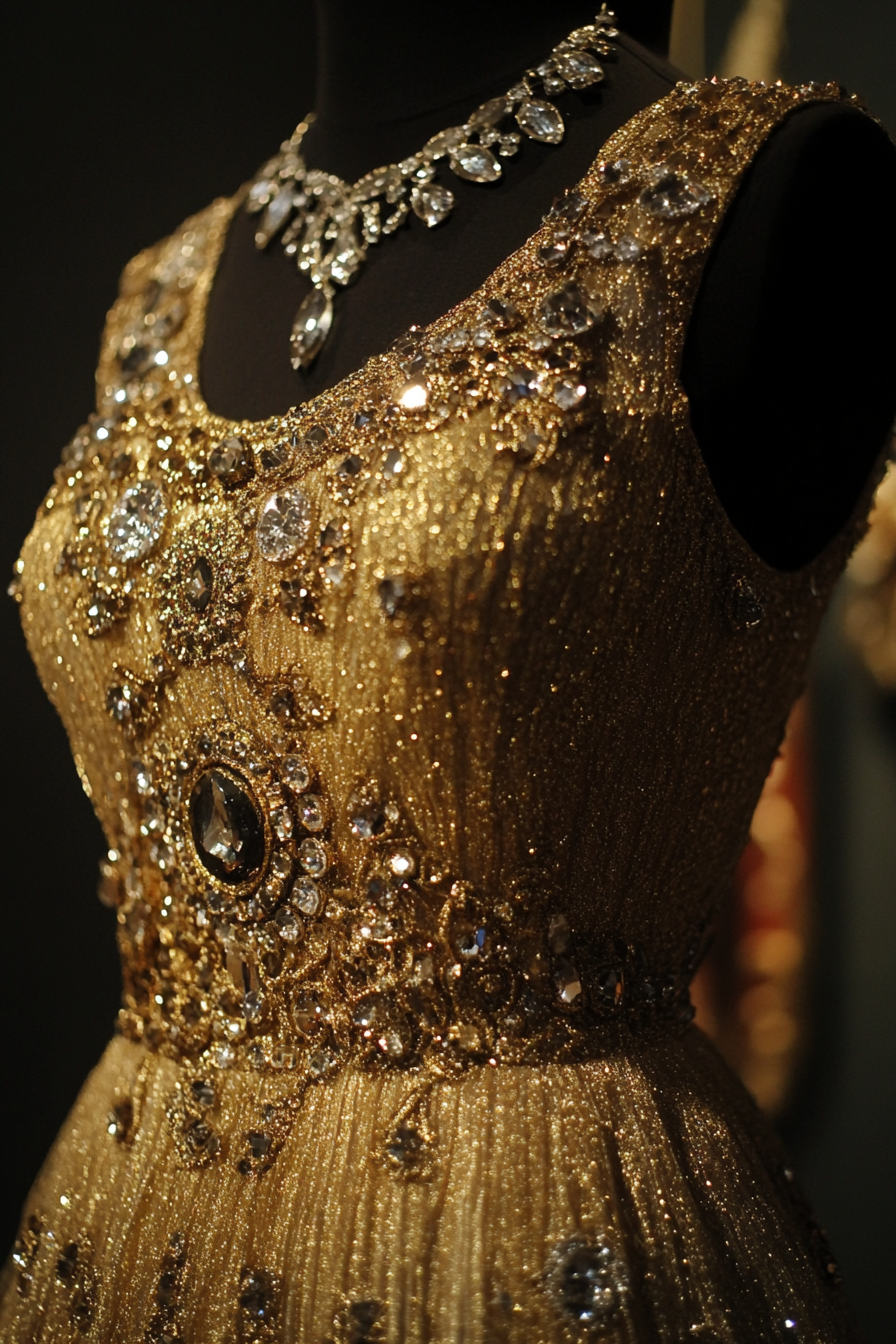 Festive women's style. Gold metallic spray dress with crystal jewellery.