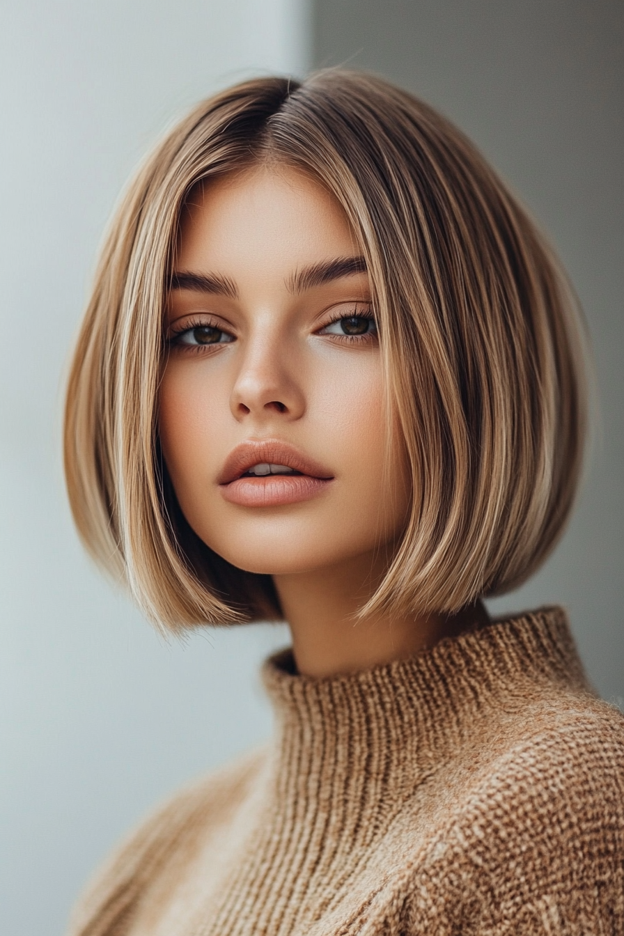 Women's trendy style. Blunt cut bob with caramel highlights.