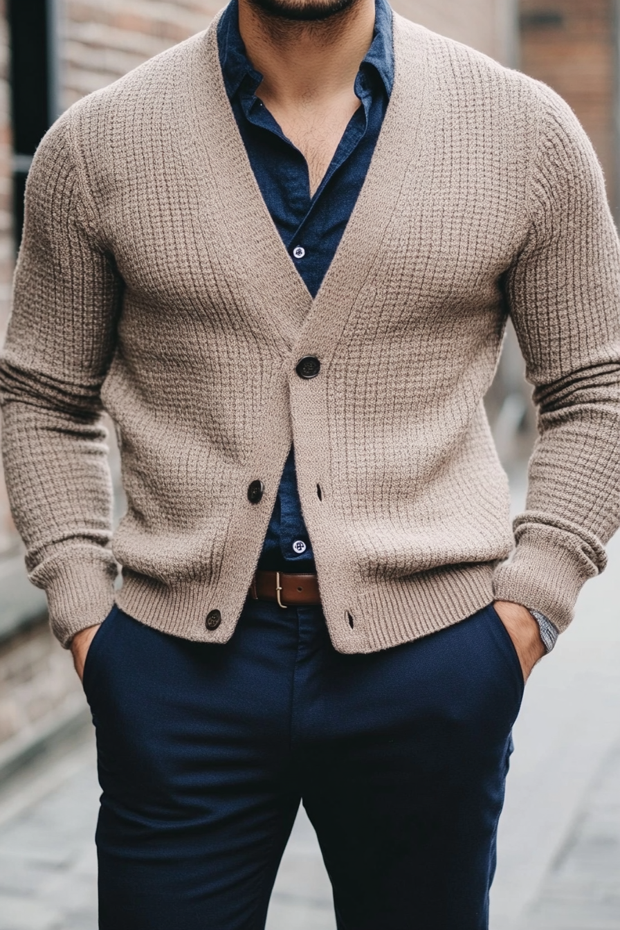 Men's seasonal style. Textured mocha cardigan with clean-cut navy chinos.