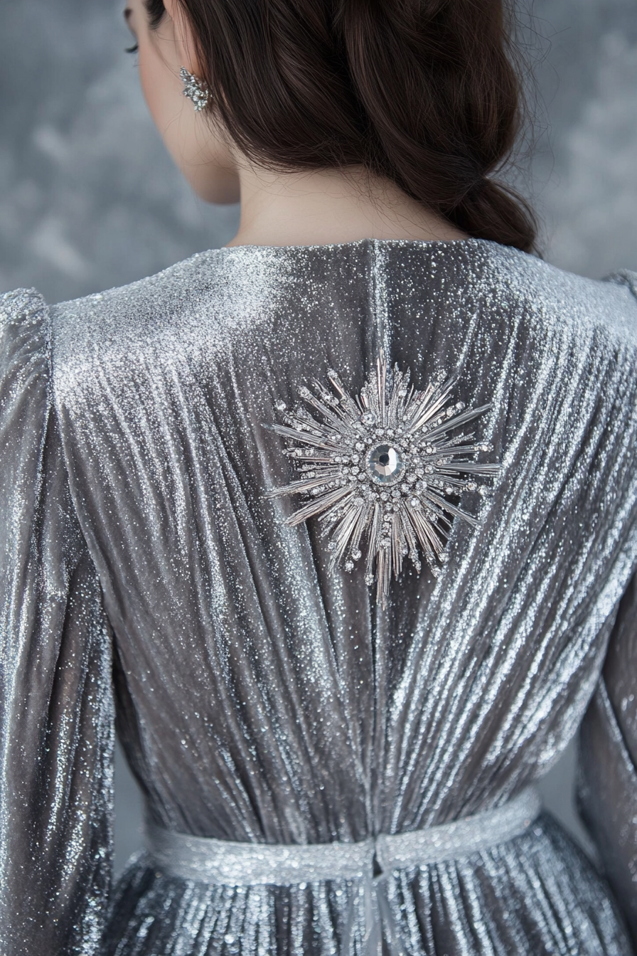 Women's festive style. Silver sprayed velvet dress with a crystal brooch.