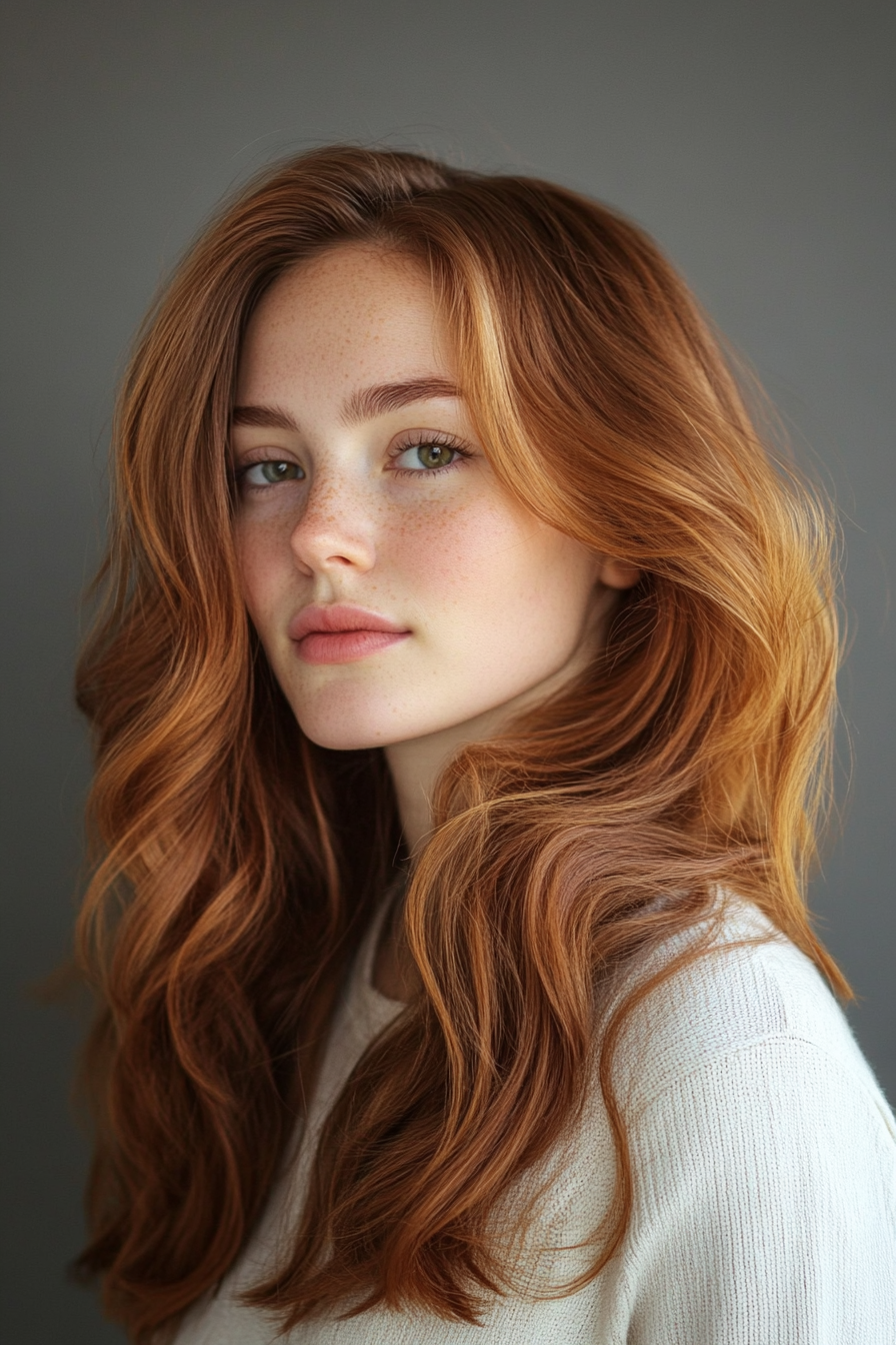 Women's hair color. Auburn base with caramel highlights.