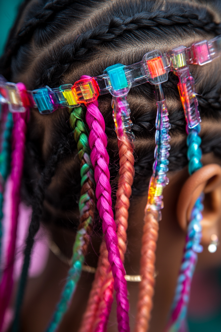 Retro style. Baby braids adorned with multi-colored transparent clips.