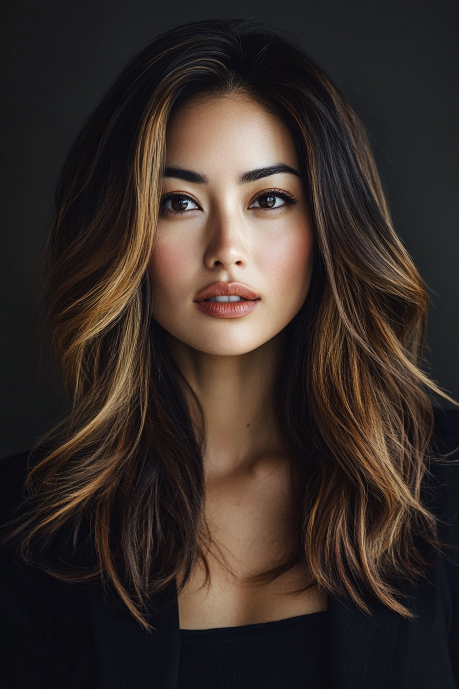 Women's trendy style. Long bob with caramel balayage and face-framing sections.