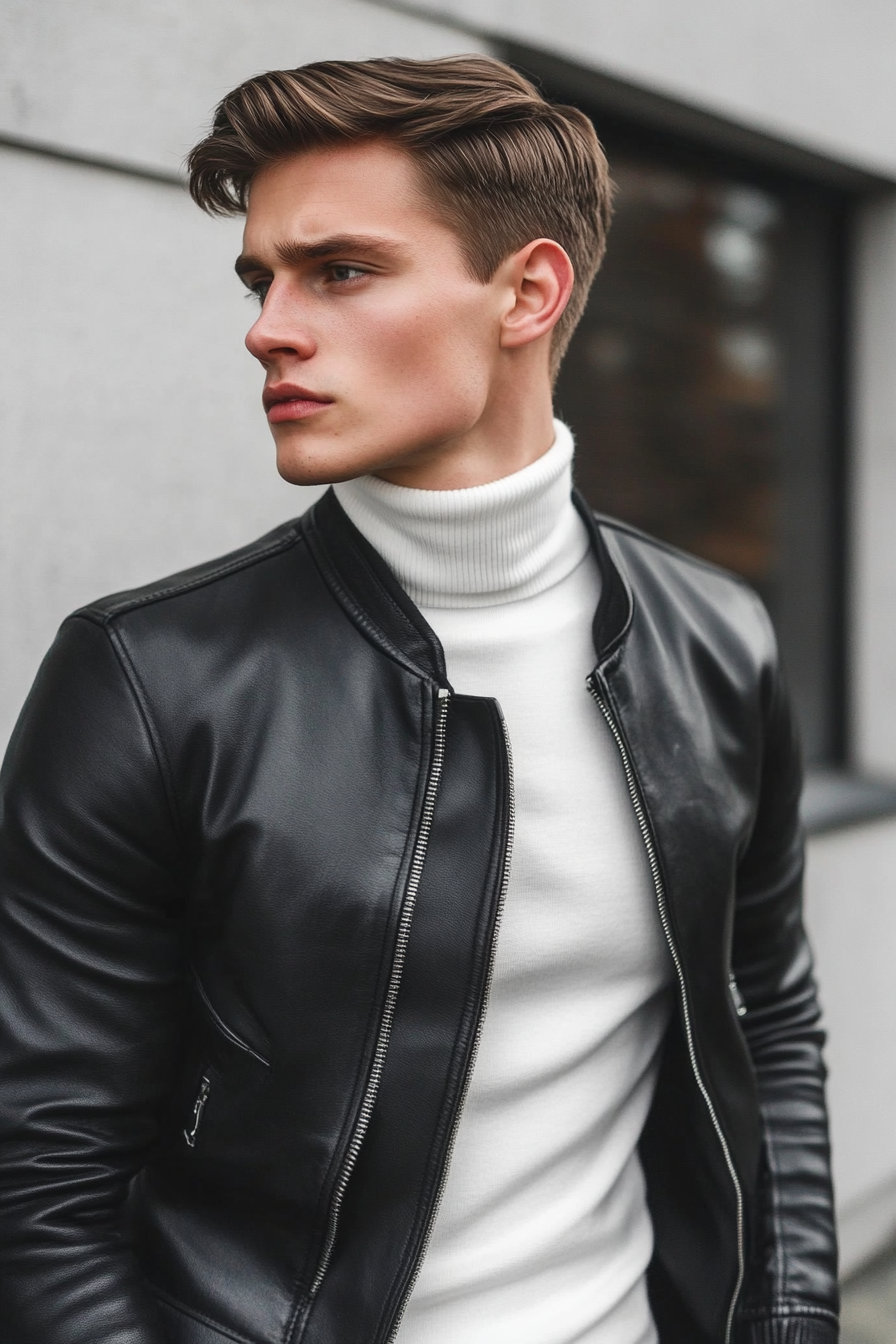 Men's modern style. Black leather jacket over white turtleneck, complementing disconnected undercut.