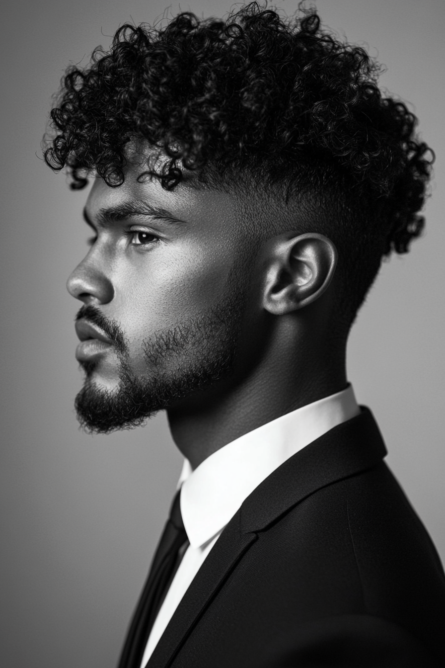 Men's texture style. Defined curls with low skin fade.