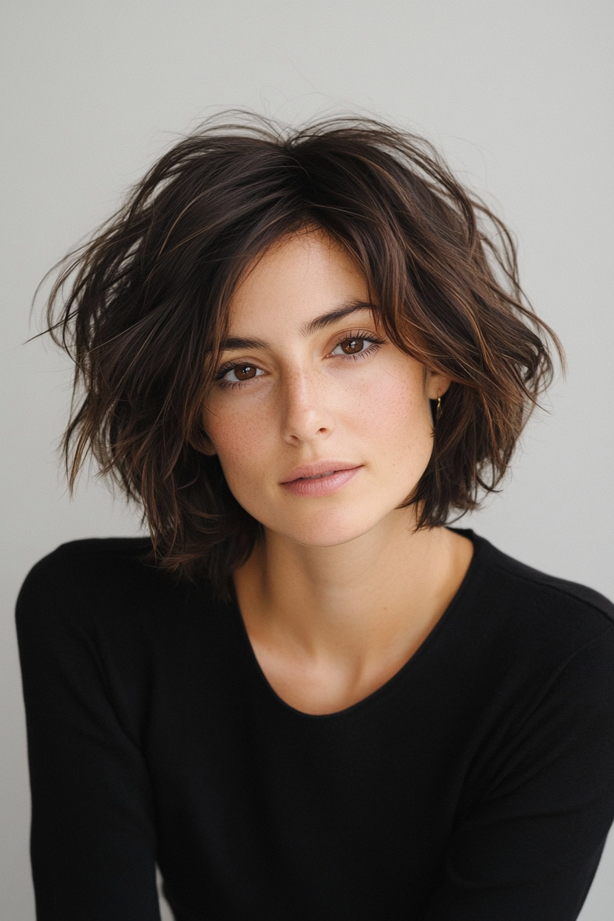 Natural style for women. Messy layered bob cut with blended dark and light brown textures.