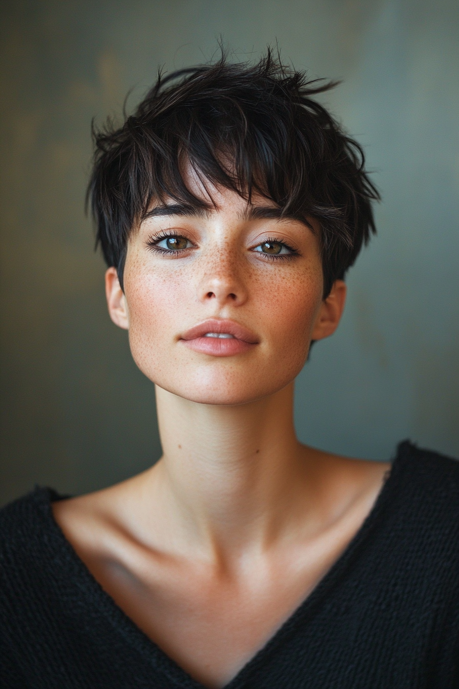 Women's short hairstyle. Textured crown, tapered side, brunette color.