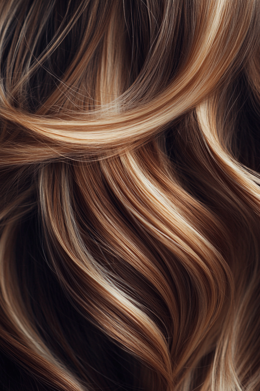 Women's hair color. Chestnut brown with honey-blond streaks.