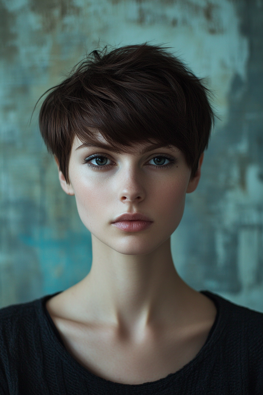 Women's short style. Textured crown, tapered sides, brown hair.