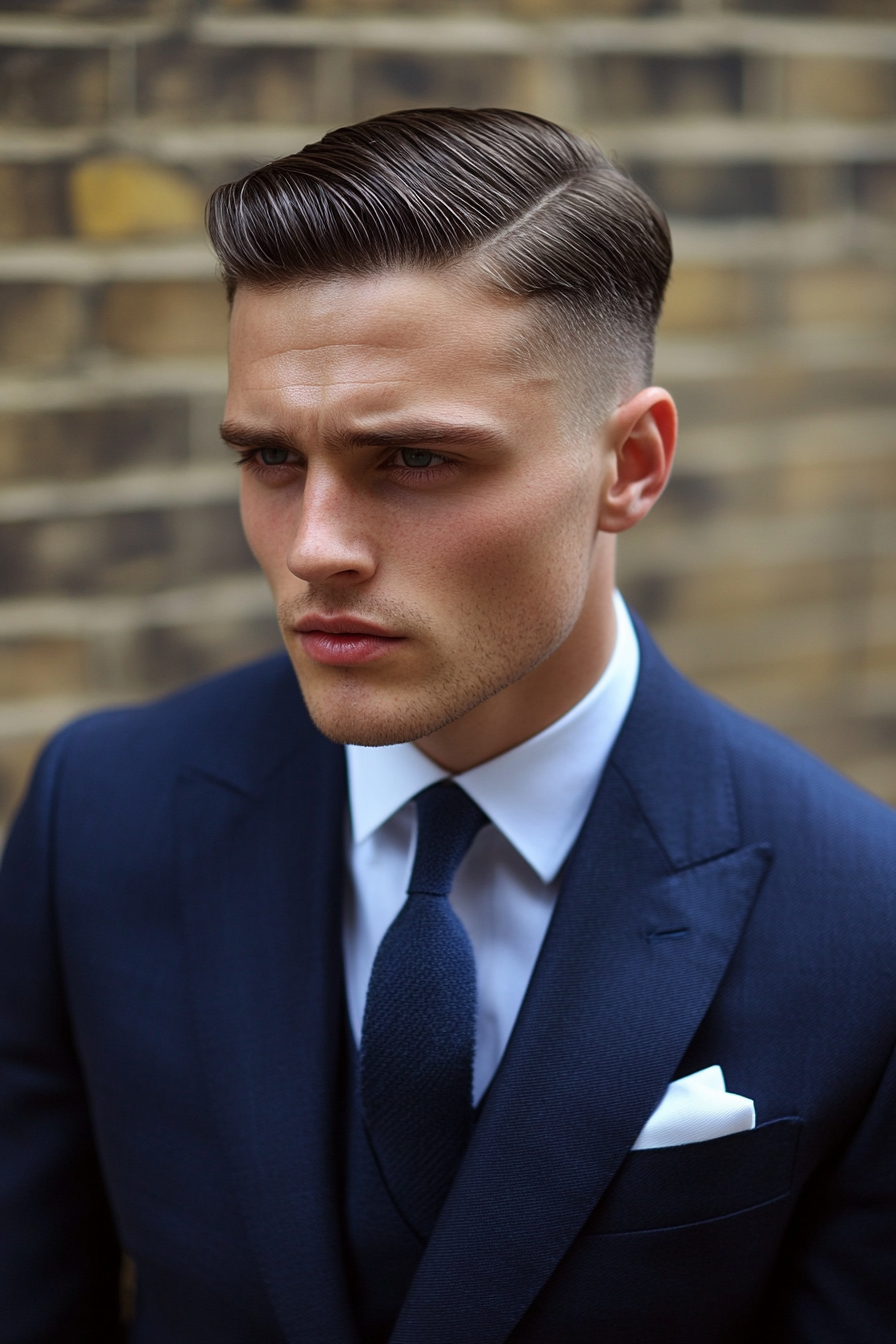 Men's style. Navy blue tailored suit with a narrow tie and precision fade haircut.