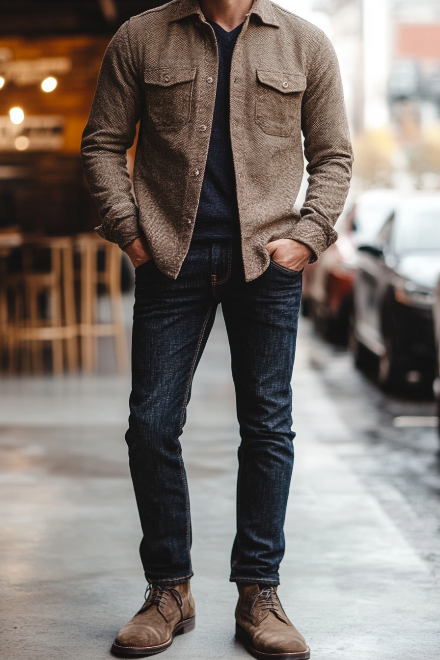 Seasonal men's style. Textured button-down, dark wash jeans, clean suede boots.